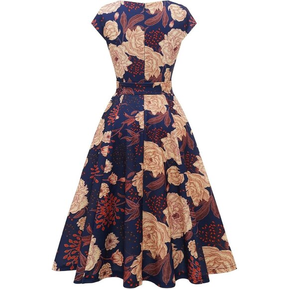 Dresstells Women's Yellow,Navy Modest Vintage Cocktail Formal Party Dresses - Picture 3 of 5